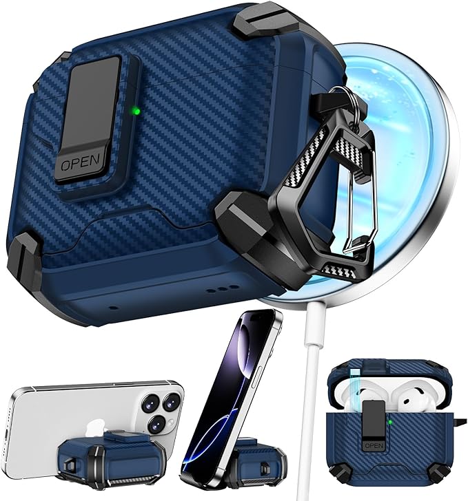 Pohgelan Compatible with AirPods 4 Case,Magnetic Automatic Lock with Phone Stand & Cleaning Kit,Compatible with Magsafe,Carbon Fiber Texture Cover -Blue
