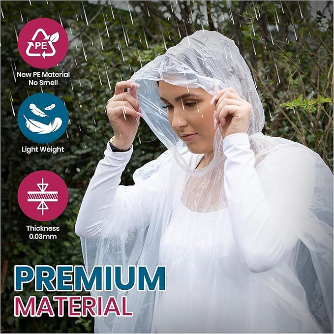 Noe & Malu 20-Pack Emergency Disposable Rain Ponchos for Adults – 100% Waterproof with Hood | Clear Lightweight Unisex Raincoats for Camping, Hiking & Travel