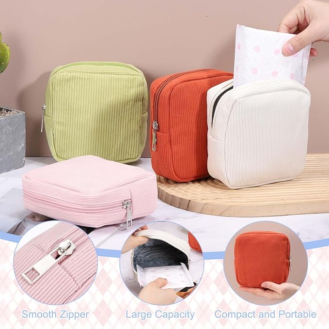 uxcell Period Bag for Teen Girls Women, Portable Corduroy Sanitary Towel Compact Cute Pouch with Zippers, Small Pouch Napkin Storage Pads Holder for Travel, Daily Use, Purse, Black