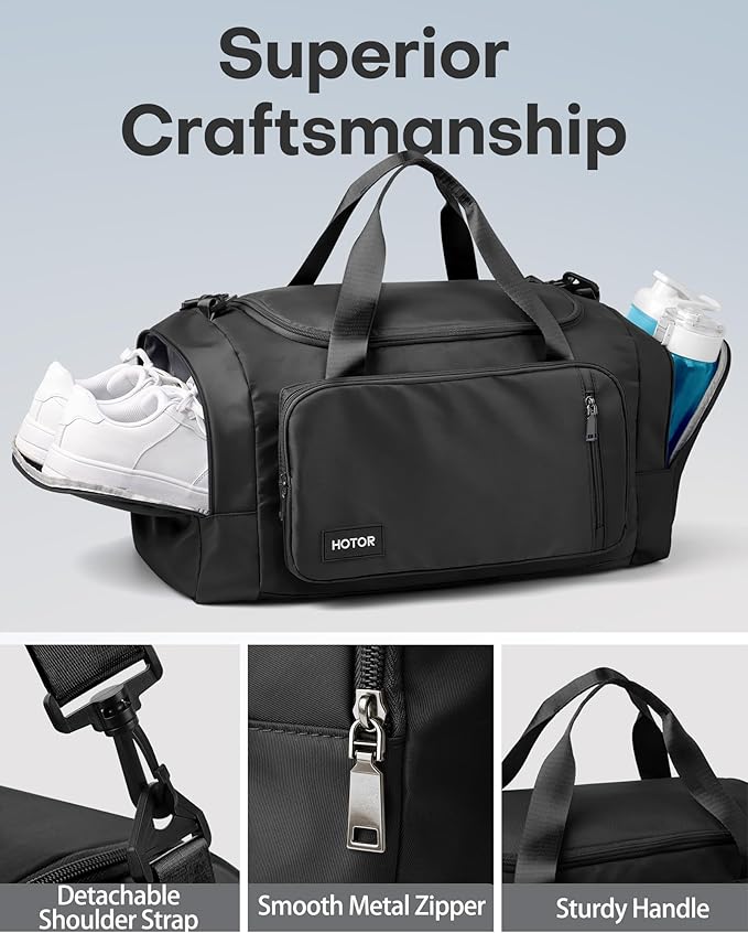 HOTOR Gym Bags for Men & Women - Spacious Duffle Bag with Shoe Compartment & Wet Pocket, Carry On Weekender Bag Portable Sports Duffel Bag for Workout, Fitness, Travel, Black, 22.6" x 11.2" x 13.6"