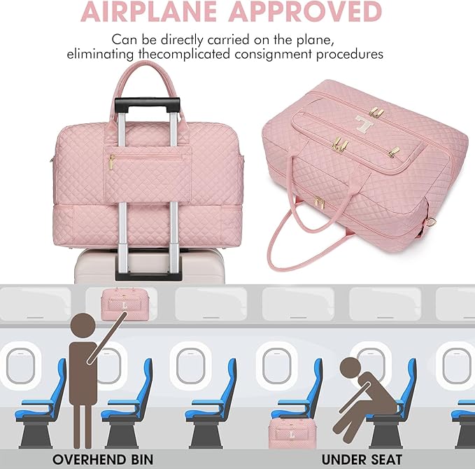 Initial Travel Duffle Bag for Women - Pink Personalized Weekender Bags Overnight Bag with Shoe Compartment & Wet Pocket Weekend Tote Bags with Toiletry Bag Monogram Xma Gifts (Letter L)
