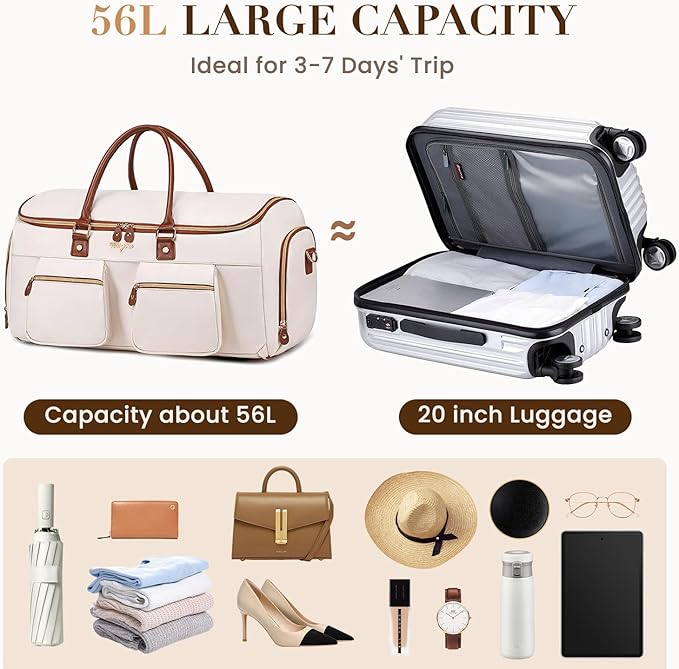 Convertible Garment Bag for Travel, PU Leather Carry On Garment Duffle Bag for Men Women, 2 in 1 Suit Travel Bags for Hanging Clothes with Shoe Compartment