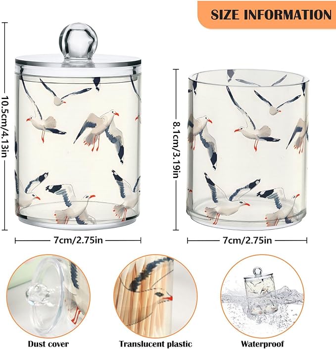2 Pack Qtip Holder Organizer Dispenser Seagull Pattern Bathroom Storage Canister Cotton Ball Holder Container for Cotton Pads/Swabs/Floss