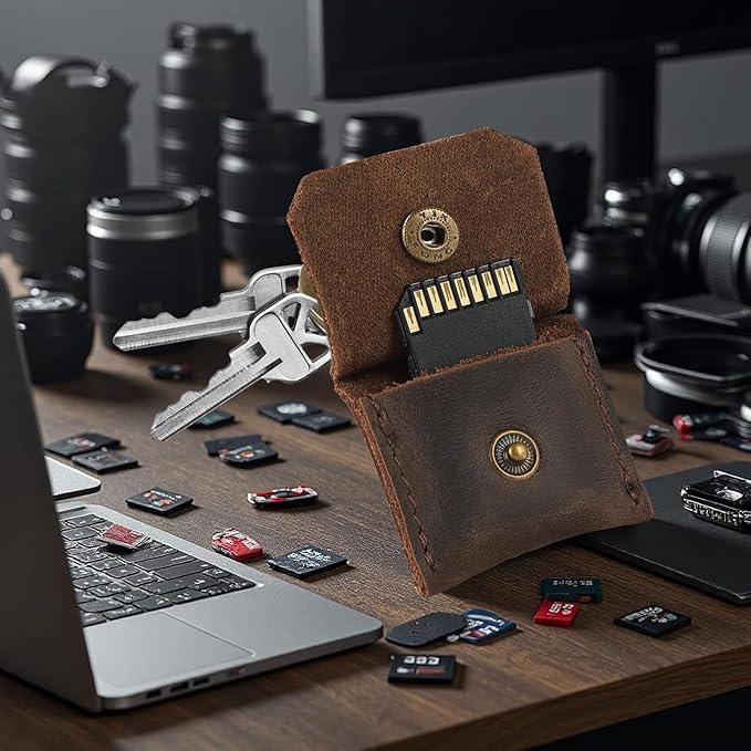Jack&Chris Genuine Leather SD Card Holder Keychain, Anti-Shock Anti-Dust SD Card Case, Portable Camera Accessories for SD CF CFexpress Micro SD Nano SIM and Micro SIM Cards, Coffee 4 Packs