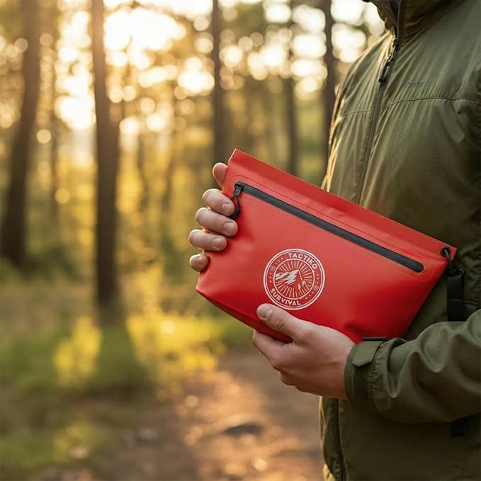 Tactiko 3L Water Resistant Pouch - Waterproof Material w/Splashproof Zipper - Hold All Zipper Bag for Storage, Toiletries, Travel, Beach, Cruise, Home (Red)