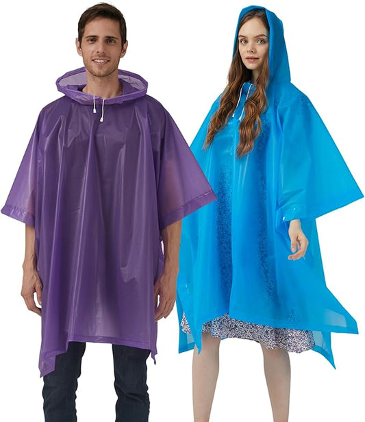 Rain Ponchos for Adults, 2 Pack Raincoats Jacket Reusbale with Drawstring Hood Sleeves for Women Men