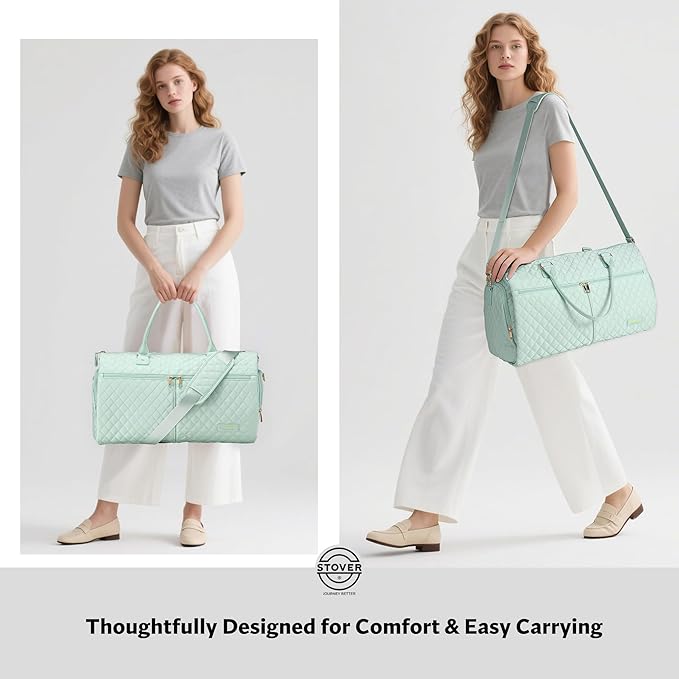 STOVER Women’s Convertible Garment Duffel Bag for Travel – 2-in-1 Carry-On Weekender/Overnight Tote - Wrinkle-Free Dresses, Suits & Clothes + Shoe Compartment & Bonus Toiletry Bag (Coastal Mint)