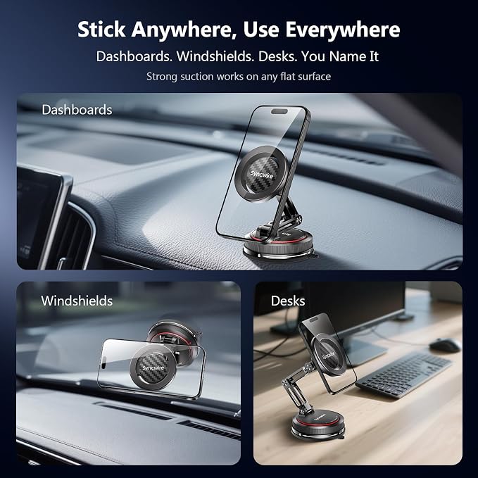 SYNCWIRE for MagSafe Car Mount [3-Axis] Nano Adhesive Gel + Strong Suction Cup Magnetic Phone Holder for Dashboard & Windshield, 360° Adjustable for iPhone 17 16 15 14 13 12, Samsung, Carbon Fiber