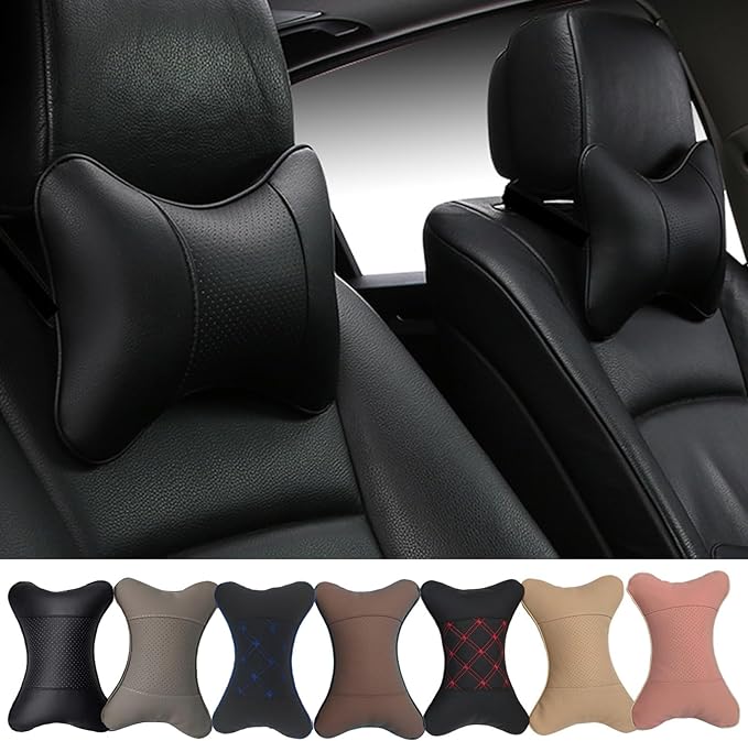 2 Packs Car Neck Pillows, Dual-Side PU Leather Car Headrest with Fiber Filling, Universal Soft Neck Support Pillow for Car, Home & Office (Black)