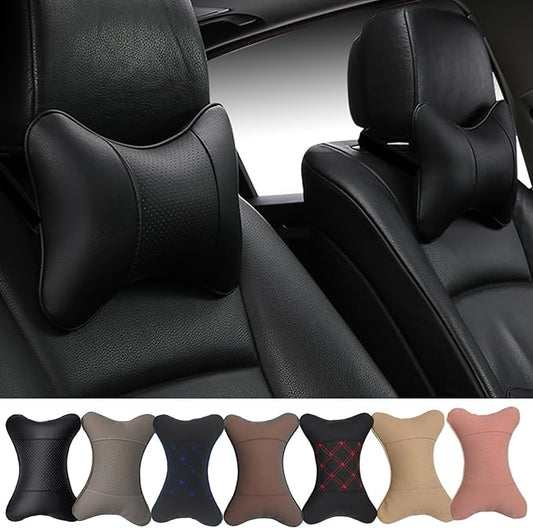 2 Packs Car Neck Pillows, Dual-Side PU Leather Car Headrest with Fiber Filling, Universal Soft Neck Support Pillow for Car, Home & Office (Black)