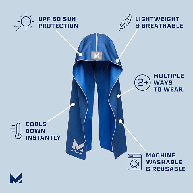 MISSION Cooling Hoodie Towel, Evaporative Cool Technology, Cools Instantly When Wet, UPF 50 Sun Protection, Contours Your Head to Stay in Place, Great for Sports, Fitness, Gym