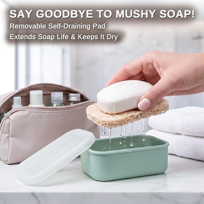 HighHerz Compact Leak Proof Silicone Travel Soap Case with Draining Tray - Portable Bar Soap Container - 2026 Upgrade Travel Essentials for Camping, Gym & Shower (Clear Green)