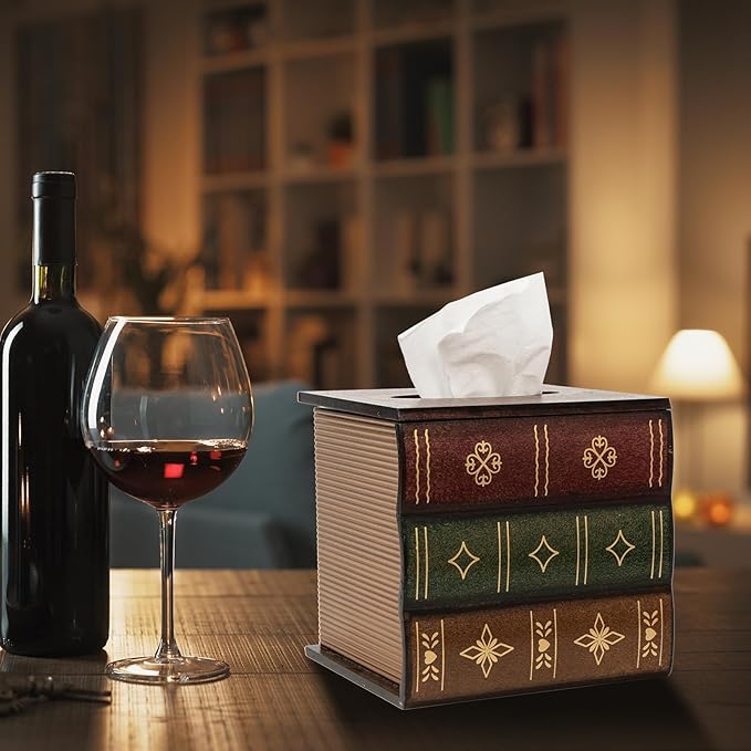 Crafted Classical Retro Wooden Antique Book Tissue Box Cover Tissue Holder Dispenser Paper Cover Case Napkin Holder Home Decor for Bathroom Living Room Office car Kitchen (red Square)