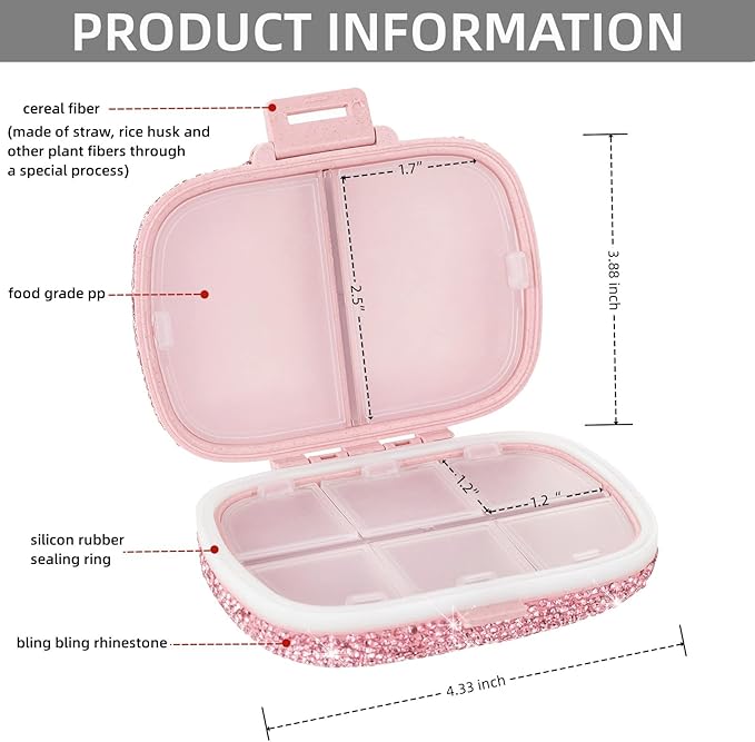 Cute Pill Organizer Small Bling Pill Case for Purse Medicine Vitamin Container Holder Daily Pill Box Container for Women Travel Medicine Kit(Letter K Pink)