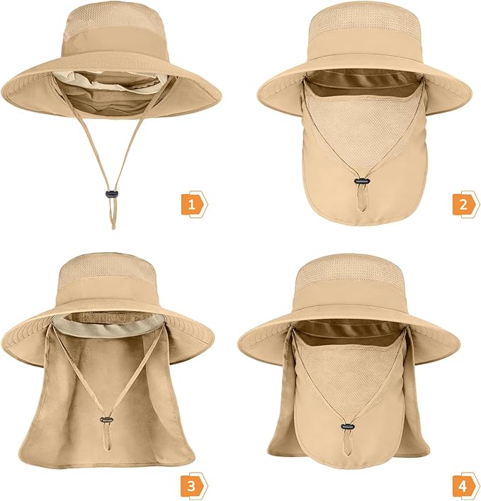 Sun Hats for Men Women Fishing Hat UPF 50+ Breathable Wide Brim Bucket Hats Summer UV Protection Safari Hat with Neck Flap