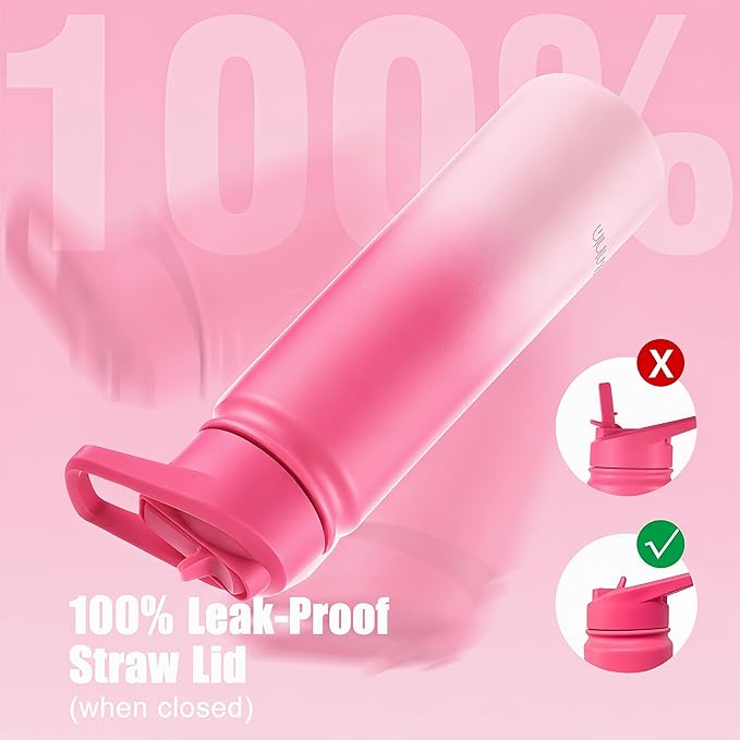 mininoo Insulated Stainless Steel Water Bottle with Straw and Lid for Sports, 24 oz, Sweet Peach