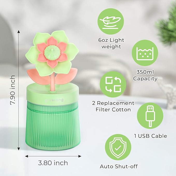 260ml Flower Mini Humidifier, Green Gardenia Desktop Small Humidifiers, Personal Cool Mist Humidification, USB Desk Humidifier for Bedroom, Office, Travel & Indoor Plants