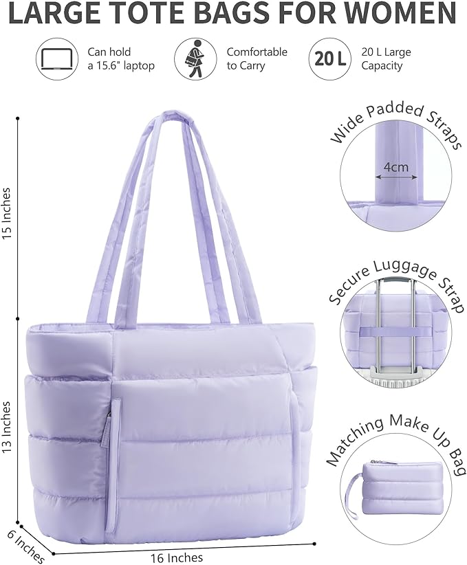 Bagstellar Puffer Tote Bag for Women, Lightweight Puffy Work Handbag Teacher Nurse Quilted Shoulder Bag for School Travel Gym | Cloud Bag w/ Zipper