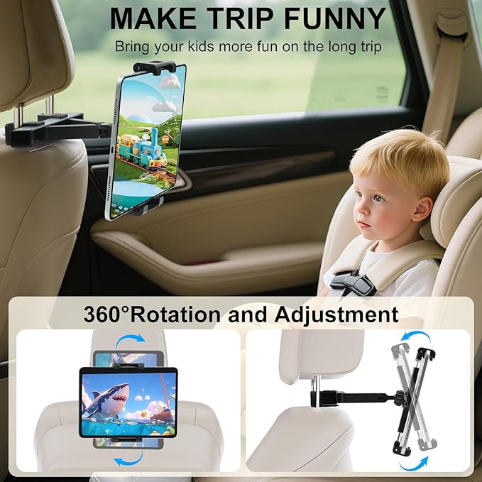 Tablet Holder for Car, Triangle Extension Arm Adjustable Car Back Seat Tablet Holder Road Trip Essentials Headrest Tablets Cars Mount Compatible with iPad Pro, Air, Mini, 4.7-11" Devices