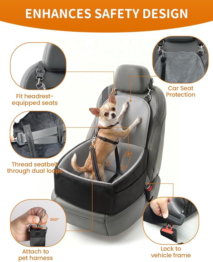 NUPIDA Dog Booster Car Seat with Extend Backrest for Small Medium Pet, Grey | Easy Install, Up to 30 lbs, Washable Removable Cover with zippper, Non-Slip Bottom, Large Storage Pockets, 2 Safety Leashes
