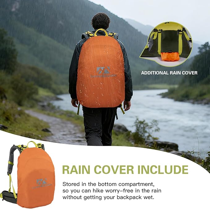 Farmer&Donkey Hiking Backpack, 40L Waterproof Camping Backpack with Packable Back Panel & Rain Cover, Men Women Rucking Backpacking Backpack Outdoor Sport Lightweight Travel Daypack for