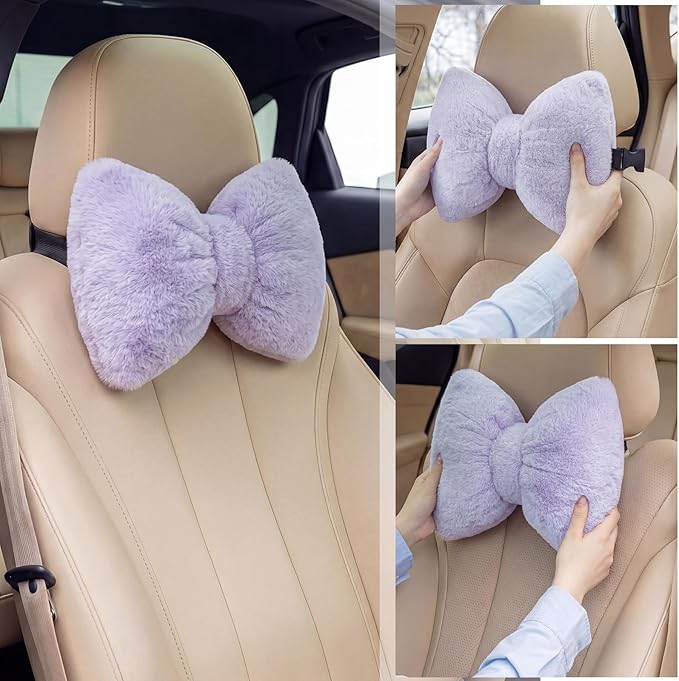 Macarrie 2 Pcs Car Neck Pillow Velvet Bow Headrest Pillow Soft Comfortable Seat Neck Support Cute Bow Car Accessories for Driving Travel Driver Chair Girl Style Interior Decor(Solid,Purple)