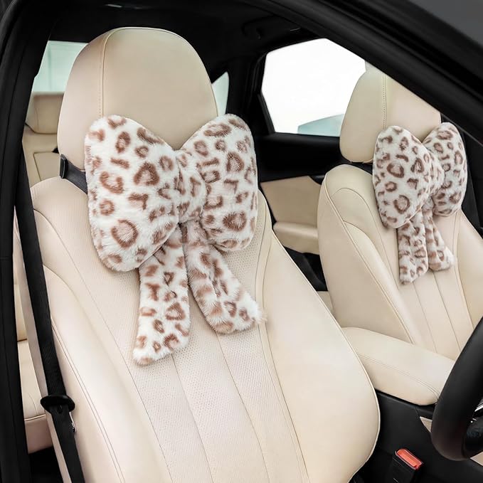 Macarrie 2 Pcs Car Neck Pillow Plush Butterfly Bow Car Headrest Pillow Comfortable Seat Neck Support Cute Head Rest Accessories for Driving Travel Driver Chair Girl Interior Decor(White,Leopard)