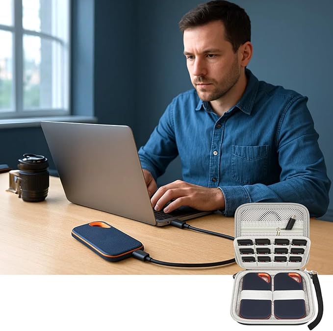 PAIYULE Case Compatible with SanDisk Extreme new and Old Model/Extreme PRO Portable SSD 500GB 1TB 2TB 4TB 8TB, Hard Travel Storage Case Holds 2 SSDs, 12 SD Card Slots, Cable Organizer, Grey