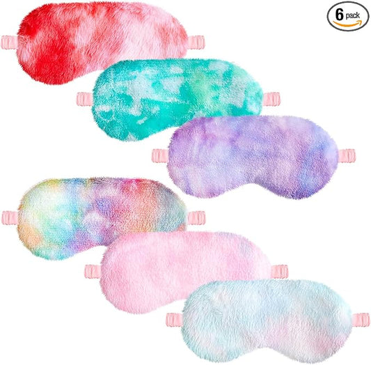 Cuffbow 6 Pack Plush Sleep Mask Set, Cute Plush Eye Masks for Sleeping, Soft Comfortable Travel Nap Blindfold, Sleepover Party Favors for Women(Tie Dye,Colorful)