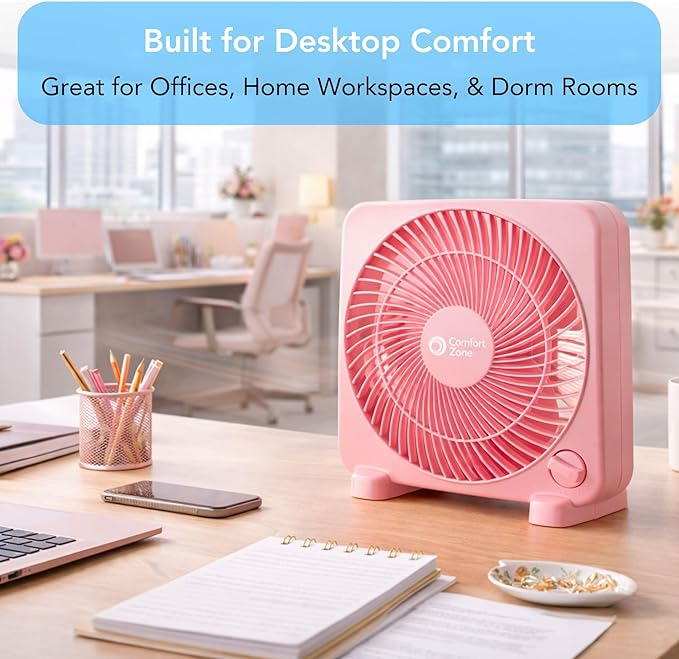 Comfort Zone 9-inch Portable Box Fan – Compact Desktop Cooling Fan with 3-Speeds, Quiet Operation, Built-in Carry Handle & Safety Grill – ETL Listed for Home, Office, or Dorm – Pink