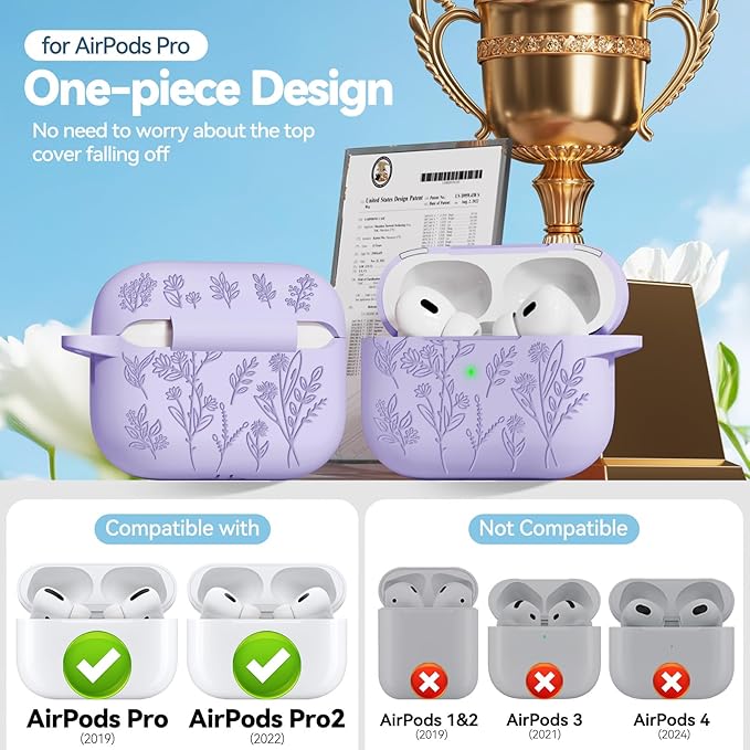 for AirPods Pro 2 Case with Magnetic Lid, Ekoonpft Flower Engraved Silicone Case for Apple AirPods Pro 2nd/1st Generation (2023/2022/2019) Cover with Cleaning Kit & Keychain
