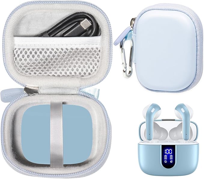 Case for TAGRY X08 Bluetooth Headphones True Wireless Earbuds 60H, mesh Pocket for Charge Cable (Pale Blue)