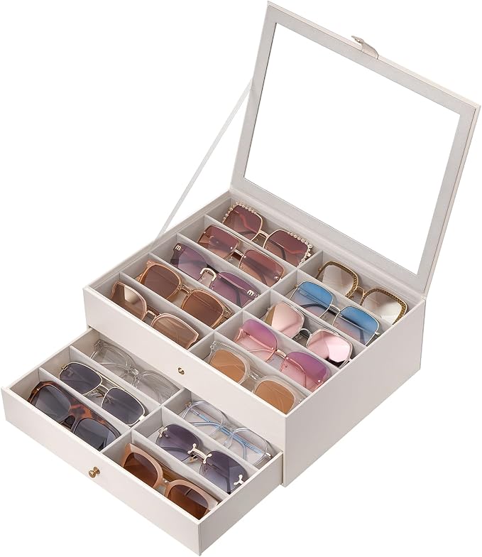 Lolalet 10/20 Slots Sunglasses Organizer Box, Eyeglasses Eyewear Holder Case for Multi Pairs Collection