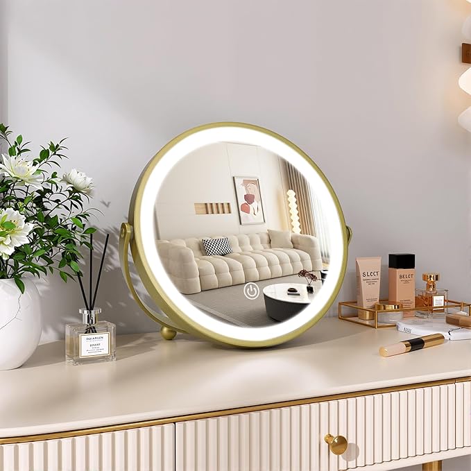 Vanity Mirror with Lights, 8" LED Makeup Mirror Built-in 1500mAH Lithium Battery, HD Professional Mirror, Smart Touch with 3-Color Lighting, Dimmable, Lighted Up for Makeup Desk, Travel (Gold)