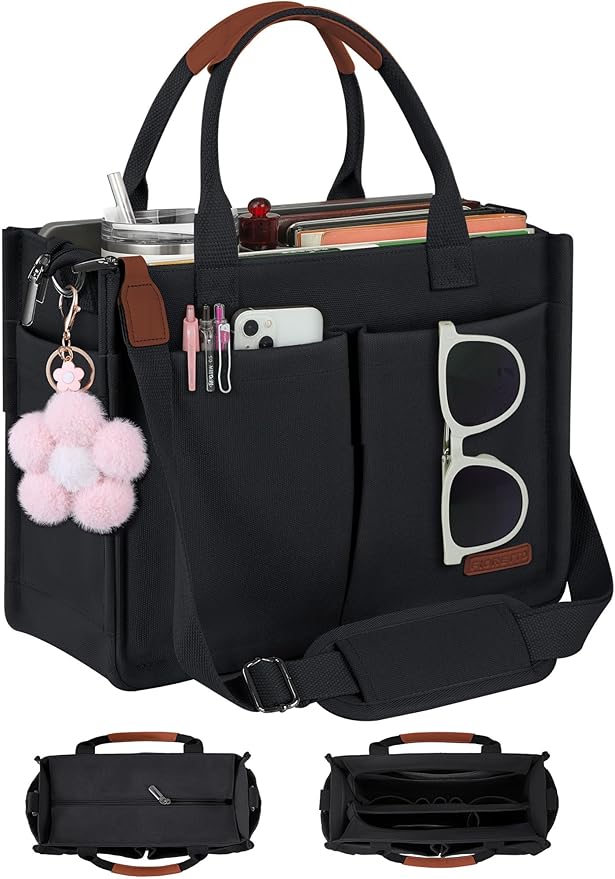 FIORETTO Womens Canvas Tote Bag Purse with Individual Compartment, Zipper Top, Reinforced Bottom & Luggage Sleeve