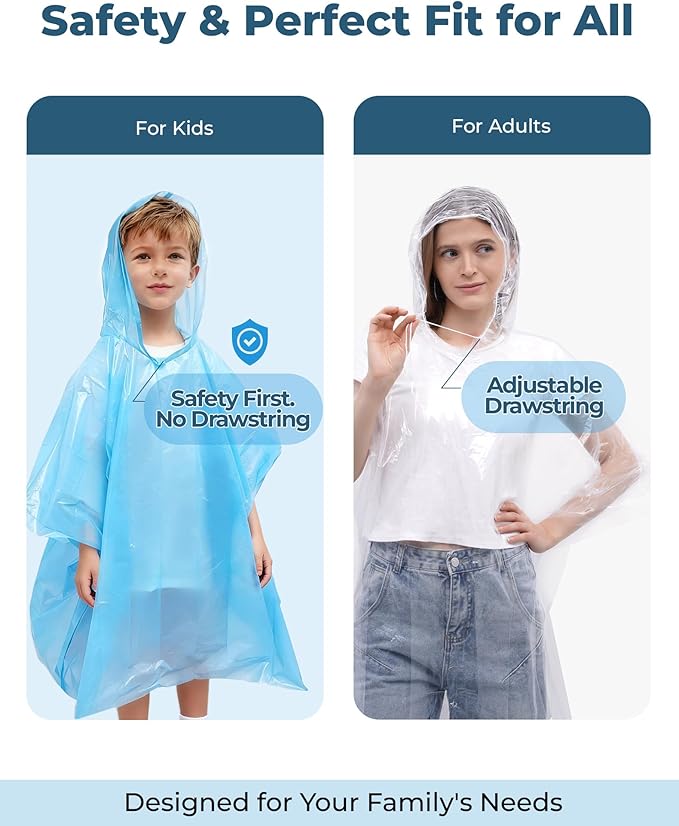 Disposable Rain Poncho Family 10 Pack for Adults & Kids with Hood - 2X-Thicker for Theme Parks, Travel & Outdoors