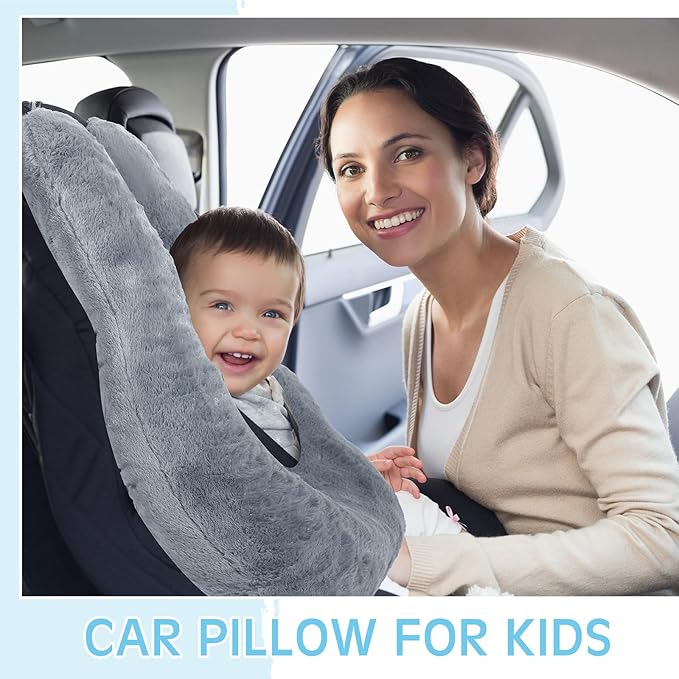 Barydat 2 Pcs Car Travel Pillow for the Back Seat 28 x 18 in Sleeping Reading Pillows for Long Distance Travel Car Cushion for Kids Adults Head and Body Support U Shaped Pad for Travel(Gray, Blue)