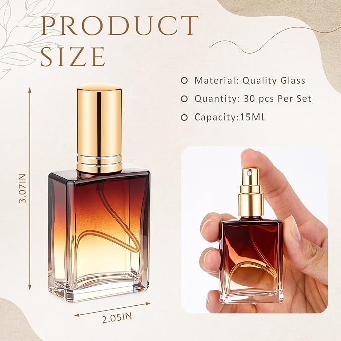 Domensi 30 Pcs 10/15/30/50 ml Glass Perfume Bottles Mini Glass Empty Spray Atomizer Bottles Bulk Refillable Perfume Dispenser Container with Pump Tool for Travel Skin Care (15 ml,Amber Color)