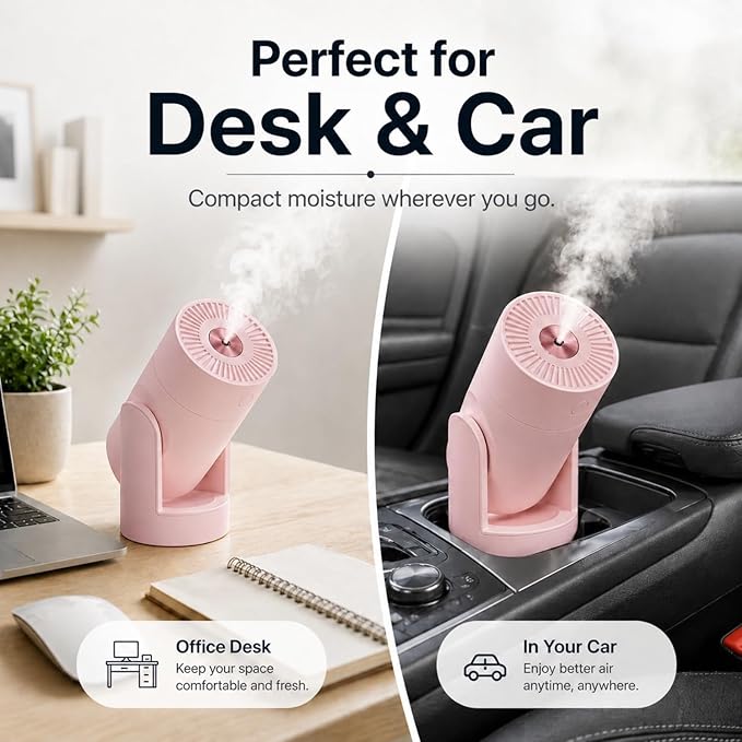 Portable Mini Humidifier, 2 Mist Modes, 220ml Cool Mist Rotation Humidifiers, USB Personal Desktop Humidifier for Bedroom, Office, Travel, Car, Colorful, Quiet Operation, Pink