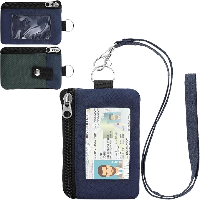 Minimalist Small Wallet for Men Women with 2 Zip Pockets, Multi Functional ID Case with Keychain and Card Holder, Coin Purse Badge Lanyard Pouch for Boys Girls Travel - Gray&Blue