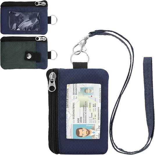 Minimalist RFID Wallet with Lanyard, Multi-Functional ID Case with 2 Zipper Pockets and Key Chain for Men and Women, Tactical Badge Pouch Cards Holder, Coin Purse for Travel Sports - Gray&Blue