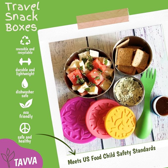 TAVVA Stainless Steel Snack Containers for Kids [12oz/ 7oz/ 3oz] - Leakproof with Silicone Lids - Lunch Box for Kids - Metal Lunchbox for School, Office, Home Food Storage - Dishwasher & Freezer Safe