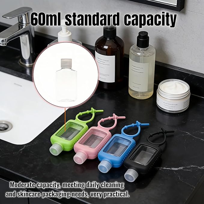 4-Pack Travel Refillable Leak Proof Squeeze Bottles with Silicone Sleeve & Keychain - 2oz/60ml Clear PETG Plastic Toiletry Containers for Hand Sanitizer, Lotion, Shampoo, Outdoor Essentials