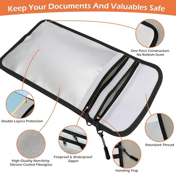 Fireproof Waterproof Document Bag - 2000℉ Protection, Upgraded Two Pockets, Reflective Strips | 2 Sizes (5x8in & 11x15in) | Certified Fire Safe Bag for Cash, Passports & Legal Files