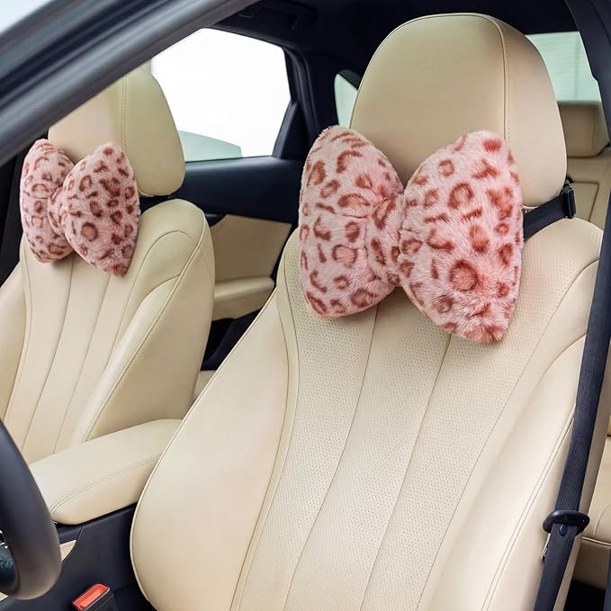 Macarrie 2 Pcs Car Neck Pillow Velvet Bow Headrest Pillow Soft Comfortable Seat Neck Support Cute Bow Car Accessories for Driving Travel Driver Chair Girl Style Interior Decor (Pink Leopard)