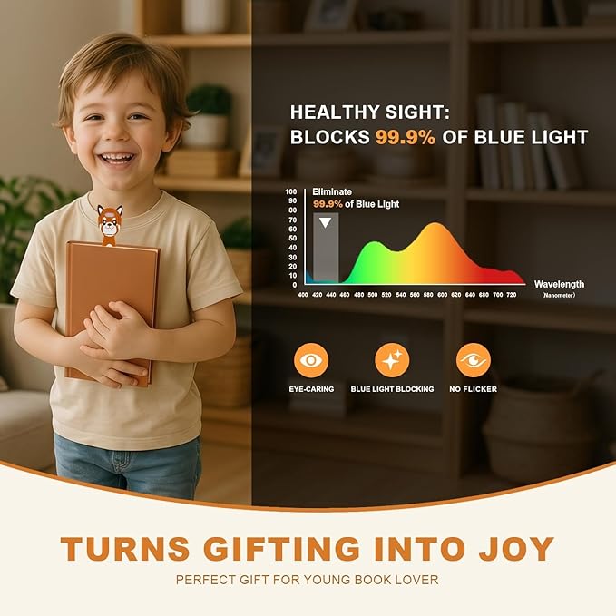 Rechargeable Kids Book Light, Cute Bookmark Reading Light for Kids, Dimmable Portable LED Book Light for Reading in Bed, Eye-Caring Bedtime Reading Lamp for Children & Travel, Brown