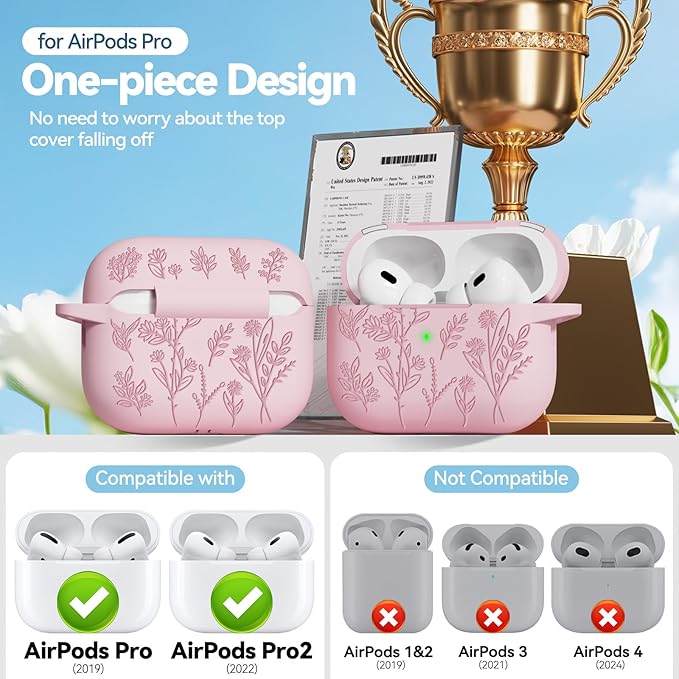for AirPods Pro 2 Case with Magnetic Lid, Ekoonpft Flower Engraved Silicone Case for Apple AirPods Pro 2nd/1st Generation (2023/2022/2019) Cover with Cleaning Kit & Keychain