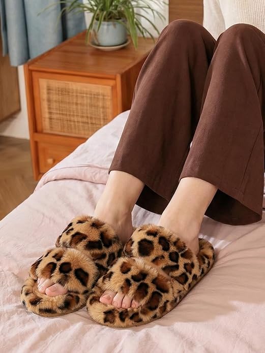 FamilyFairy Women's Fluffy Faux Fur Slippers Comfy Open Toe Two Band Slides with Fleece Lining and Rubber Sole