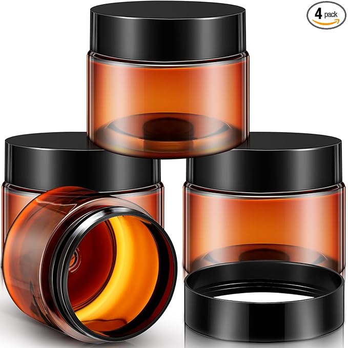 Patelai 4 Pieces Round Wide-mouth Leak Proof Plastic Container Jars with Lids for Travel Storage Makeup Beauty Products Face Creams Oils Salves Ointments DIY Making(4 Ounce,Amber)