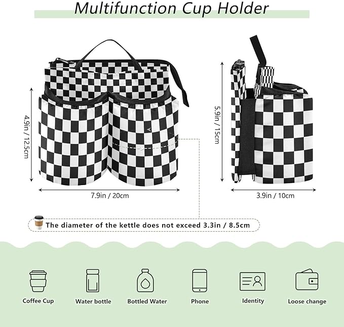 Luggage Cup Holder for Suitcases Free Hands Suitcase Cup Holder Travel Luggage Drink Holder Portable Luggage Cup Caddy Bag Carrier with Handle Checkered Black and White